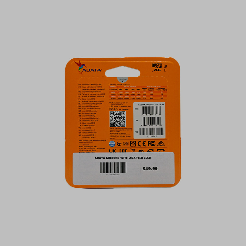 ADATA 256GB microSDXC memory card packaging back