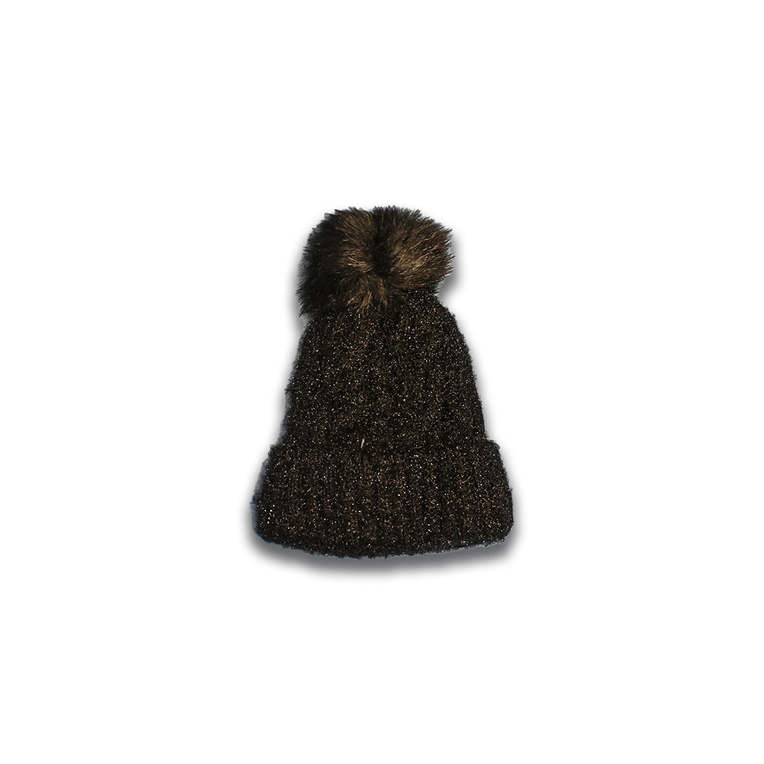 Black Knit Pom Pom Beanie – Acrylic & Cotton Winter Hat
