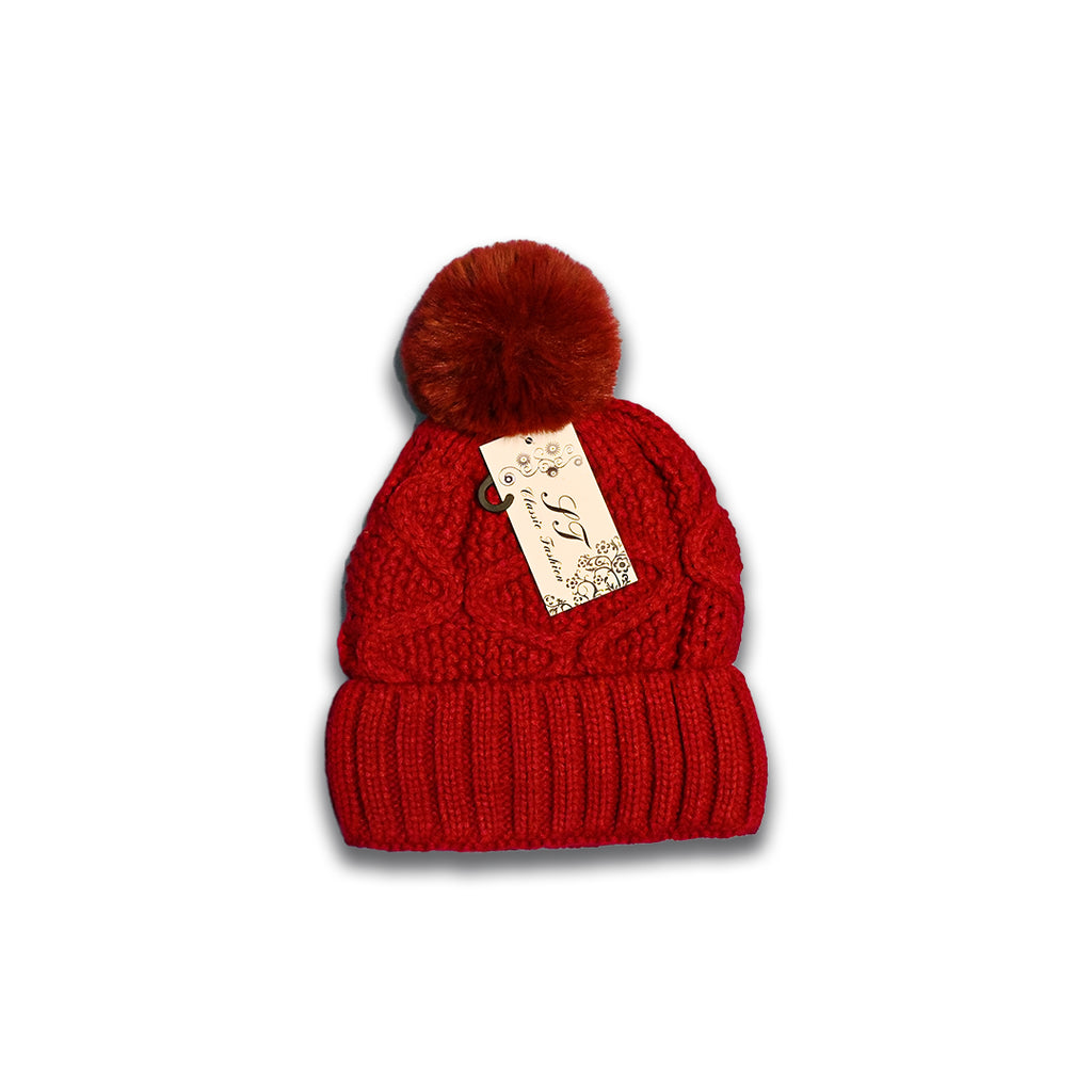 Red Cable Knit Pom Pom Beanie with Warm Lining
