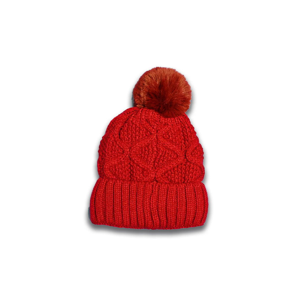 Red Cable Knit Pom Pom Beanie with Warm Lining