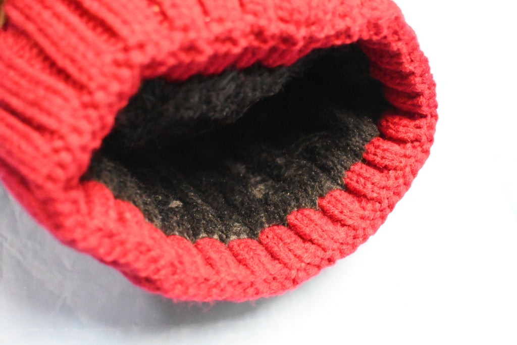 Red Cable Knit Pom Pom Beanie with Warm Lining