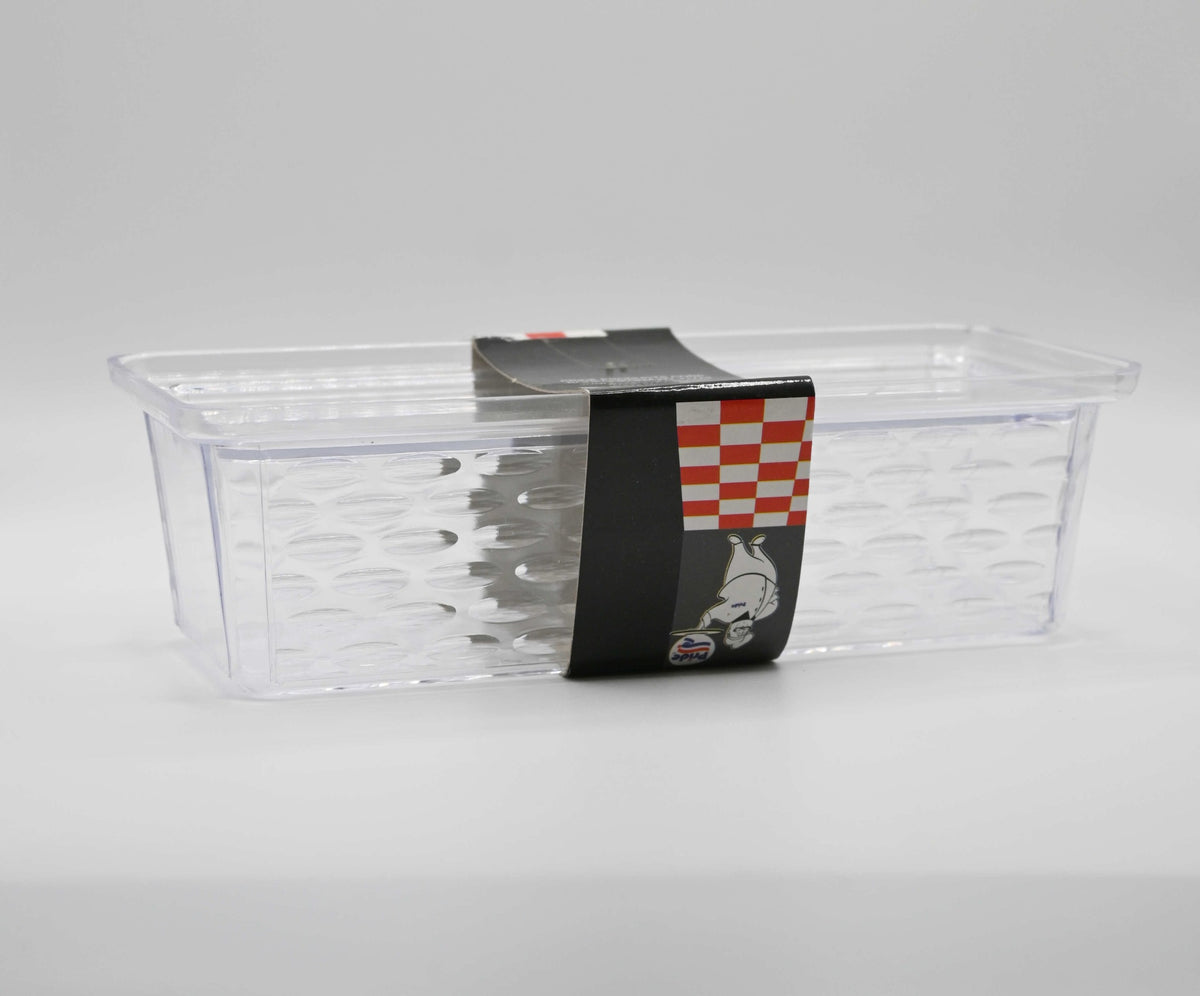 Clear rectangular storage container with lid and packaging