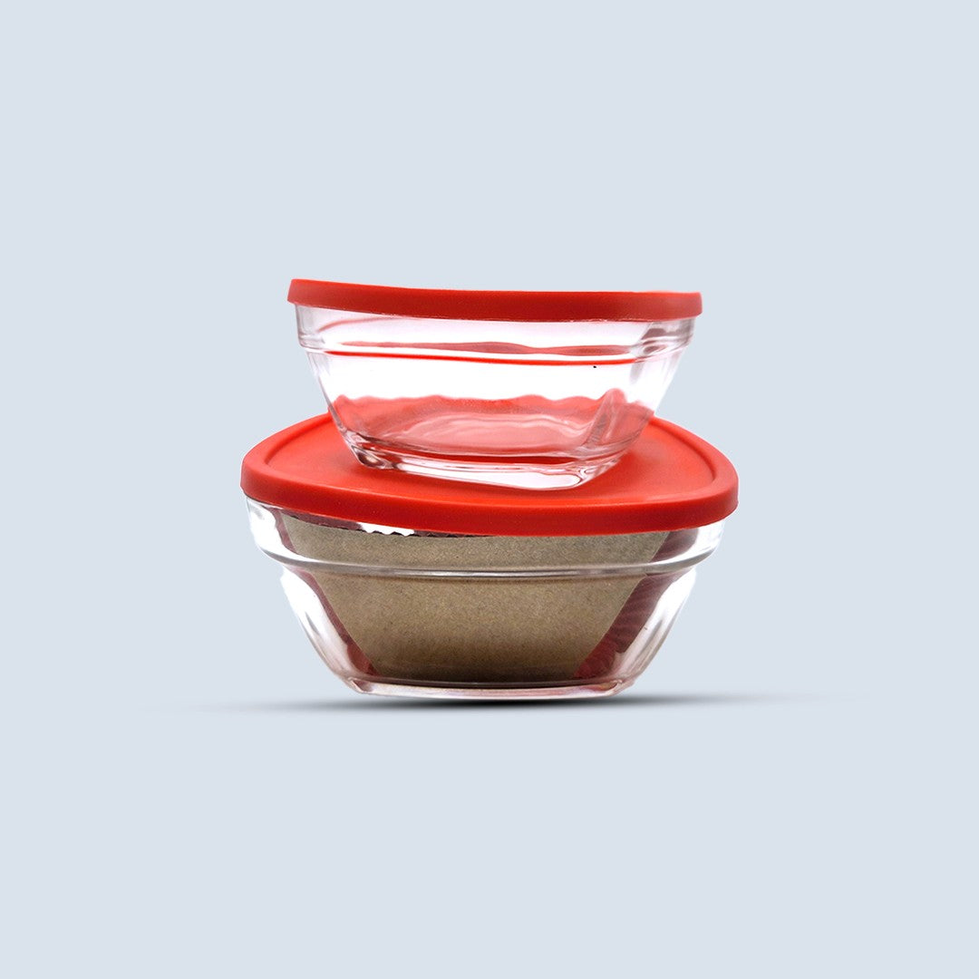 Two Fresh Guard glass containers stacked with red lids
