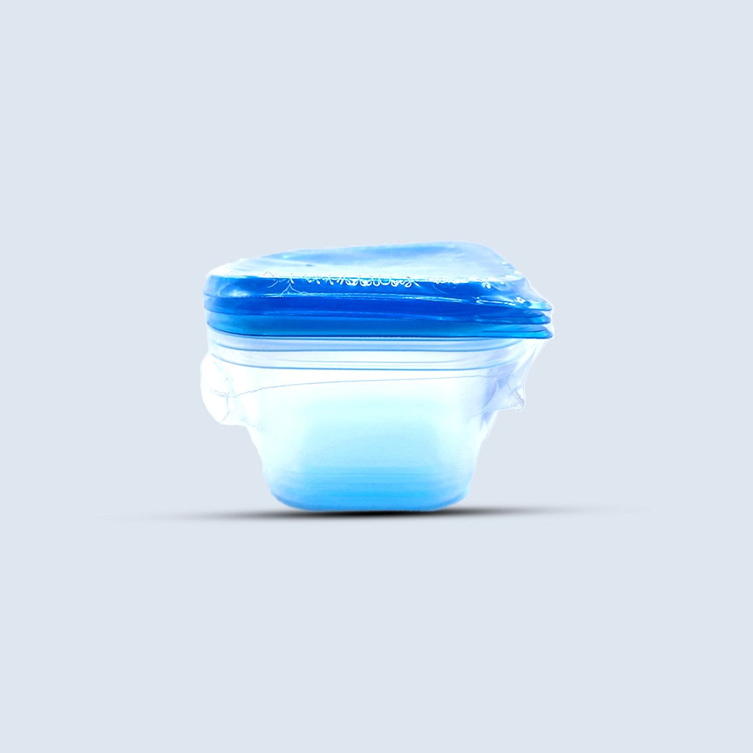 Nested square plastic food containers with blue lids, side view
