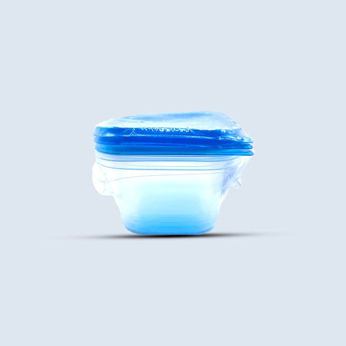Nested square plastic food containers with blue lids, side view