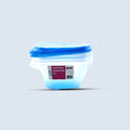3-pack of 1 L square plastic food storage containers with blue lids and label