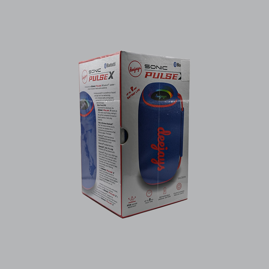 Deejays Sonic Pulse X SNC300N blue and red speaker angled packaging view