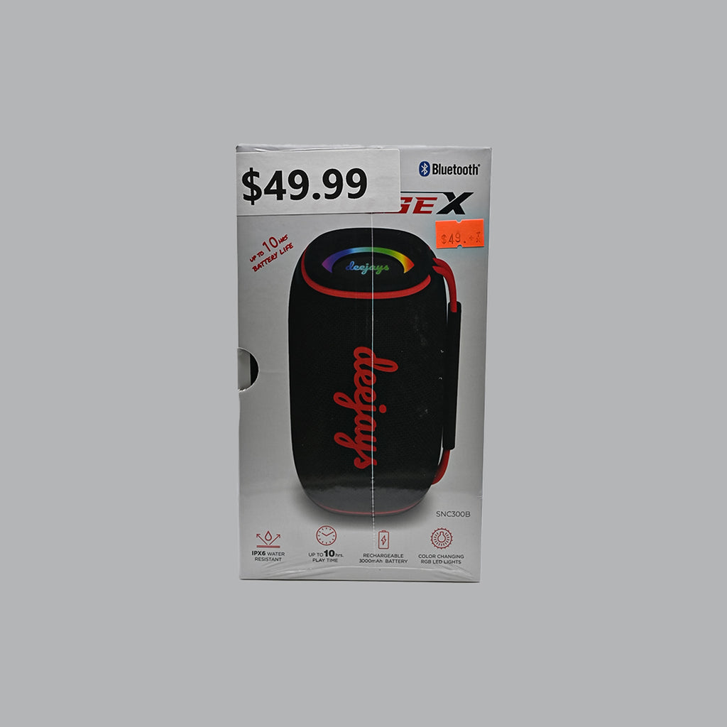 Deejays Sonic Pulse X SNC300B black and red Bluetooth speaker packaging with specifications
