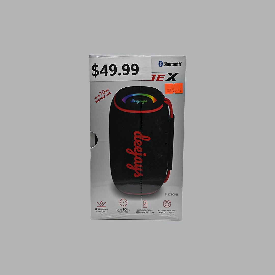 Deejays Sonic Pulse X SNC300B black and red Bluetooth speaker packaging with specifications