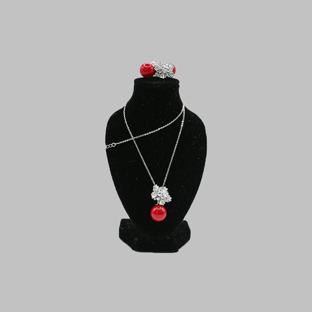Red Bead Floral Necklace & Earrings Set – Silver Tone Brazilian 18K Gold Plated