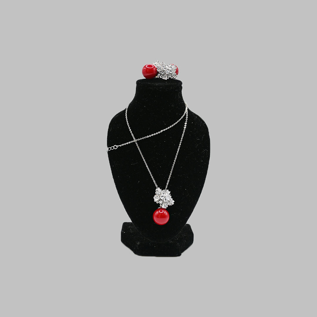 Red Bead Floral Necklace & Earrings Set – Silver Tone Brazilian 18K Gold Plated