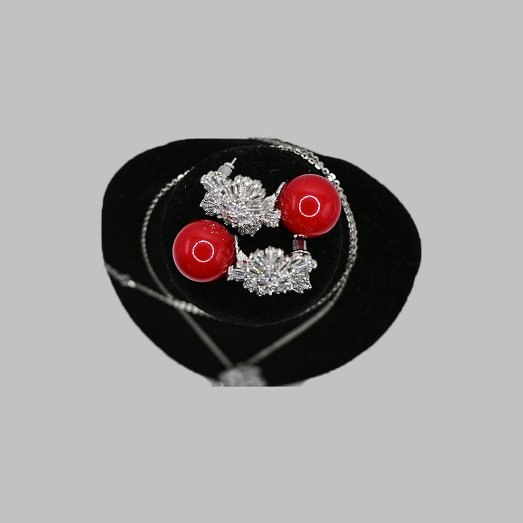 Red Bead Floral Necklace & Earrings Set – Silver Tone Brazilian 18K Gold Plated