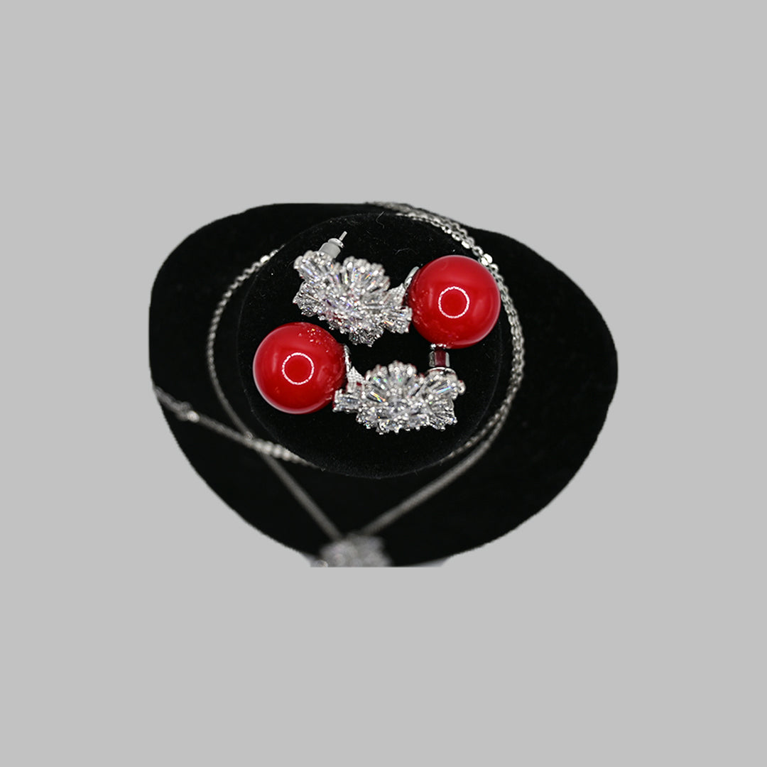 Red Bead Floral Necklace & Earrings Set – Silver Tone Brazilian 18K Gold Plated