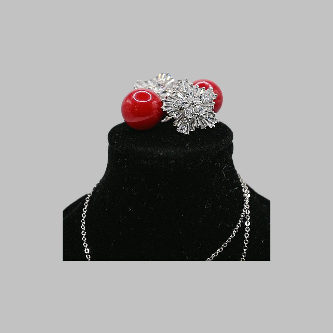 Red Bead Floral Necklace & Earrings Set – Silver Tone Brazilian 18K Gold Plated