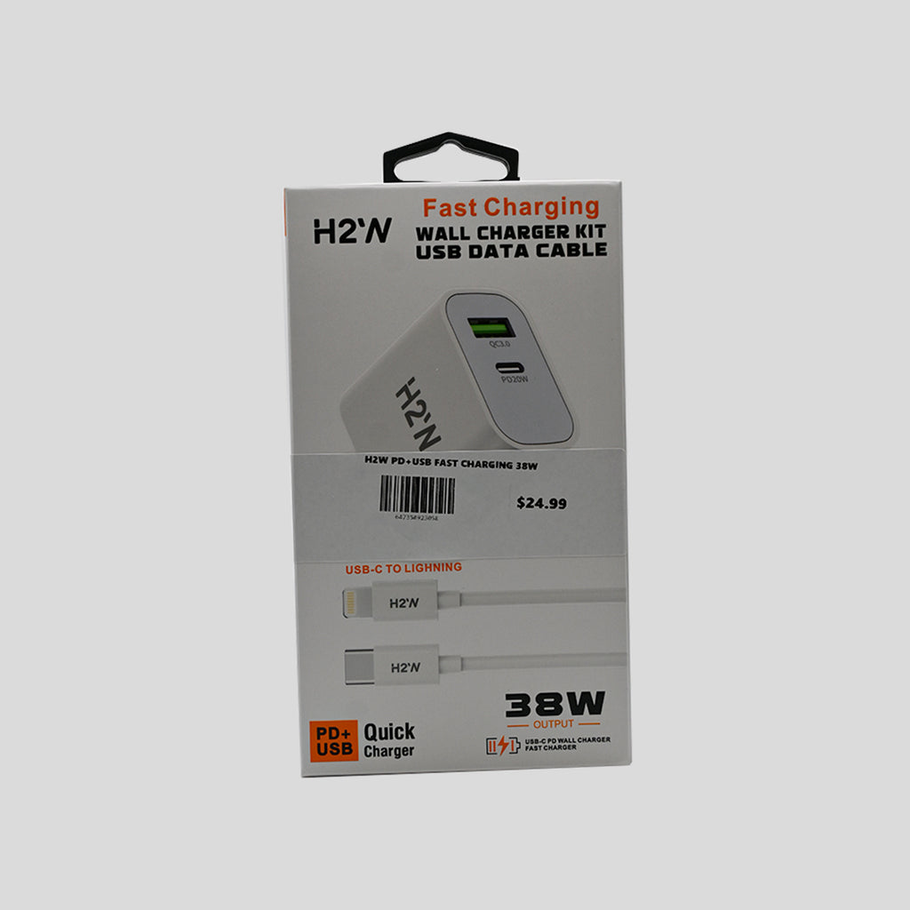 H2’N Dual-Port Wall Charger Kit with USB-C to Lightning Cable – White