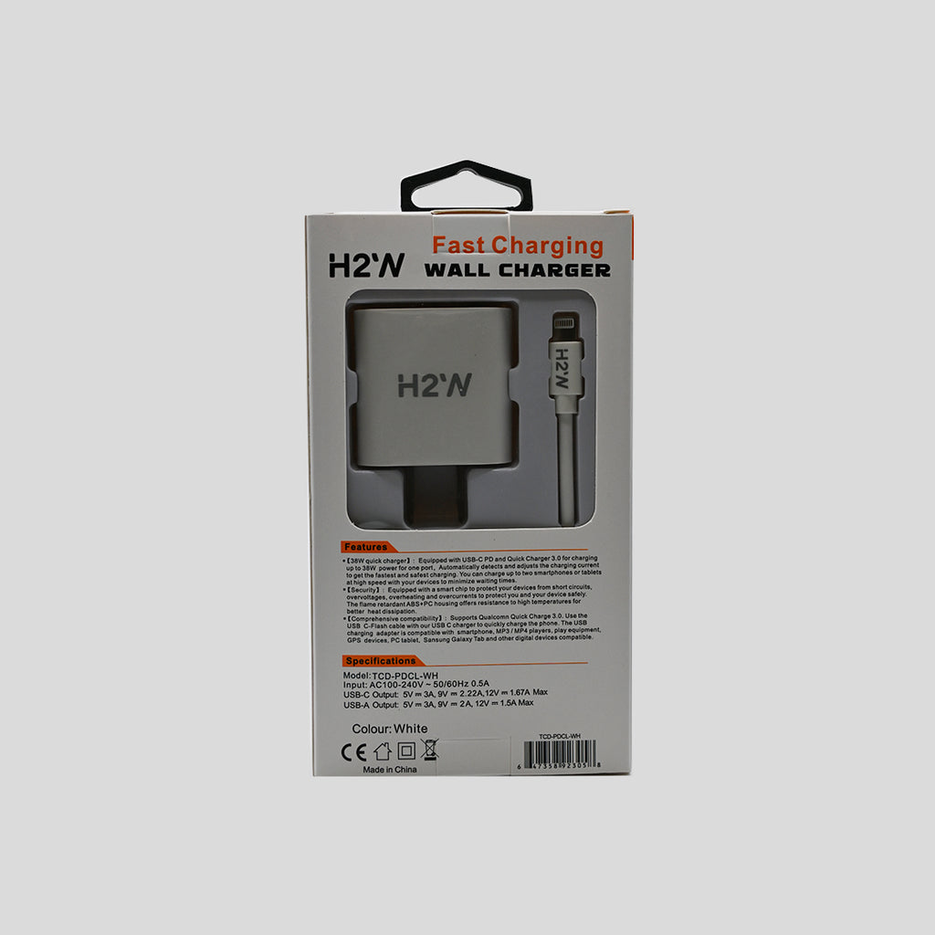 H2’N Dual-Port Wall Charger Kit with USB-C to Lightning Cable – White