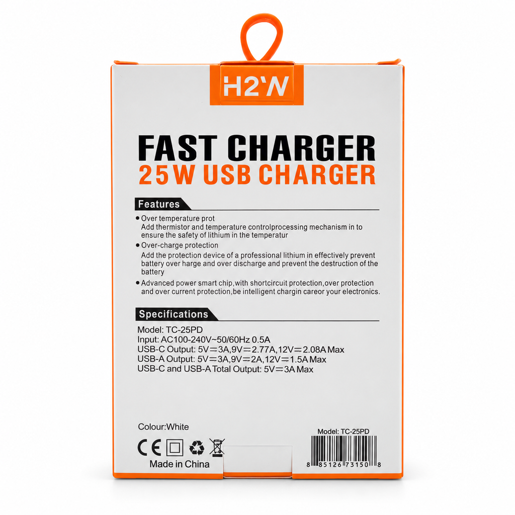H2’N TC-25PD charger back packaging specifications on white background