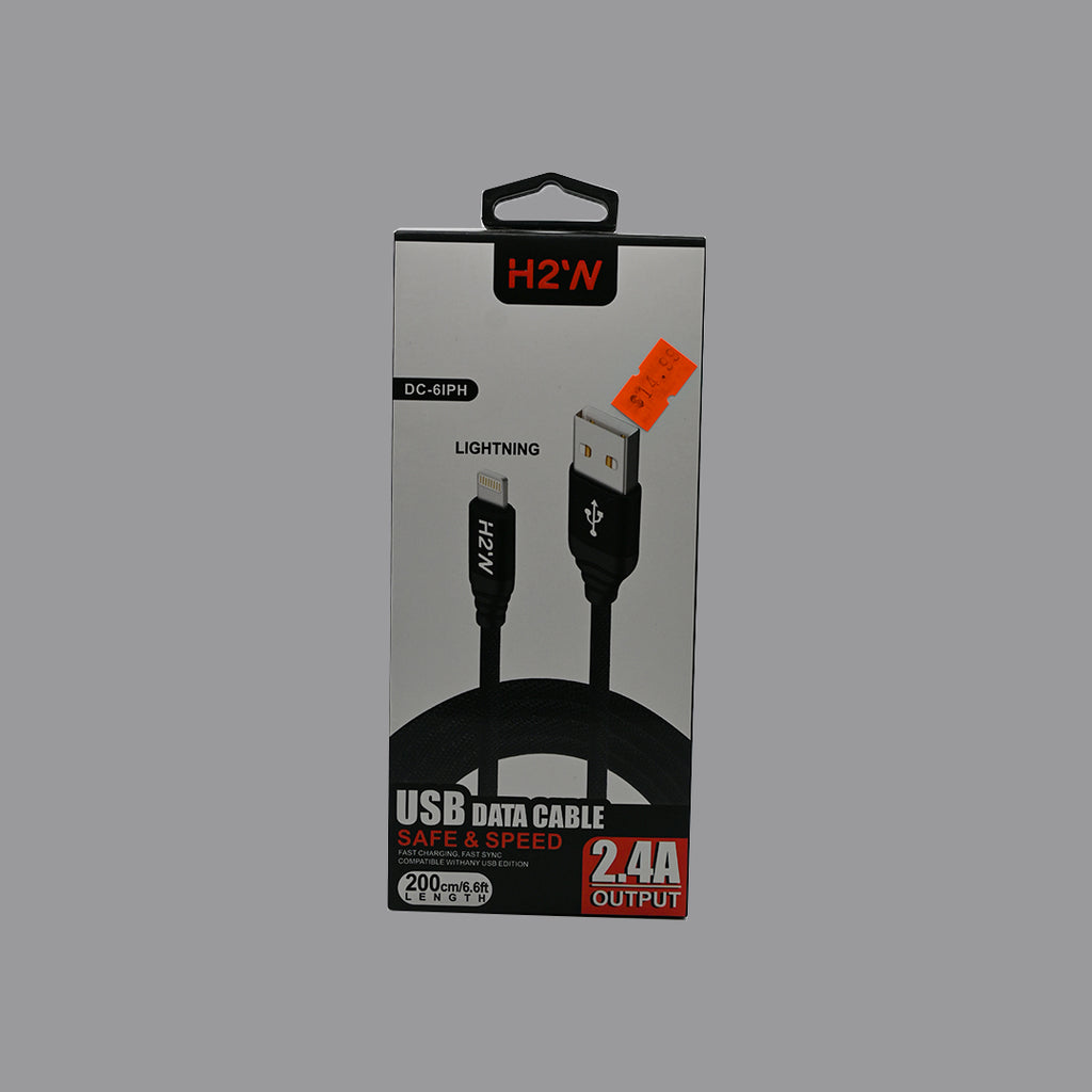 H2’N DC-6IPH packaging showing 200 cm length and 2.4A rating; box artwork depicts black cable
