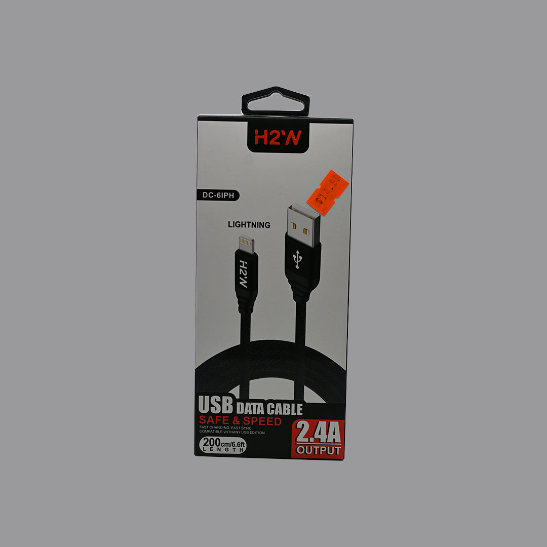 H2’N DC-6IPH packaging showing 200 cm length and 2.4A rating; box artwork depicts black cable