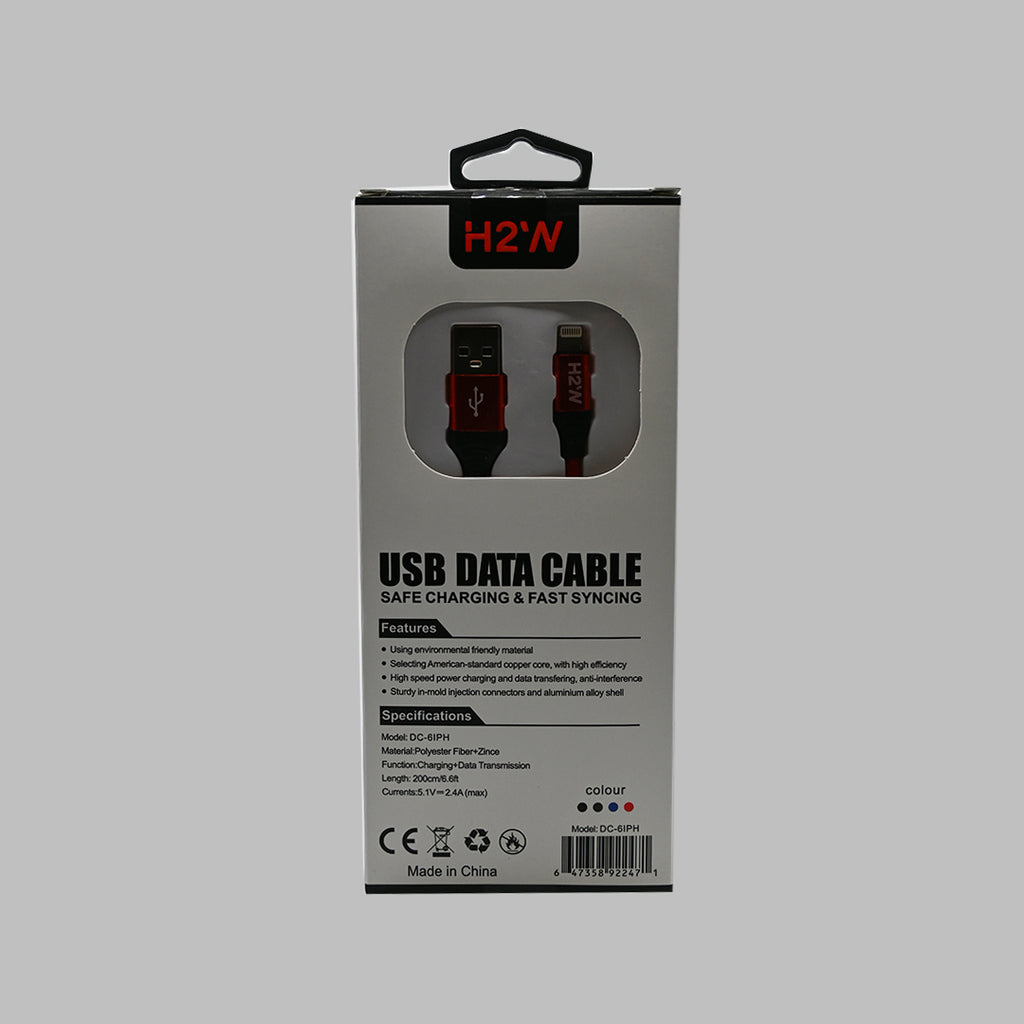 H2’N DC-6IPH USB-A to Lightning cable with red connectors visible through packaging