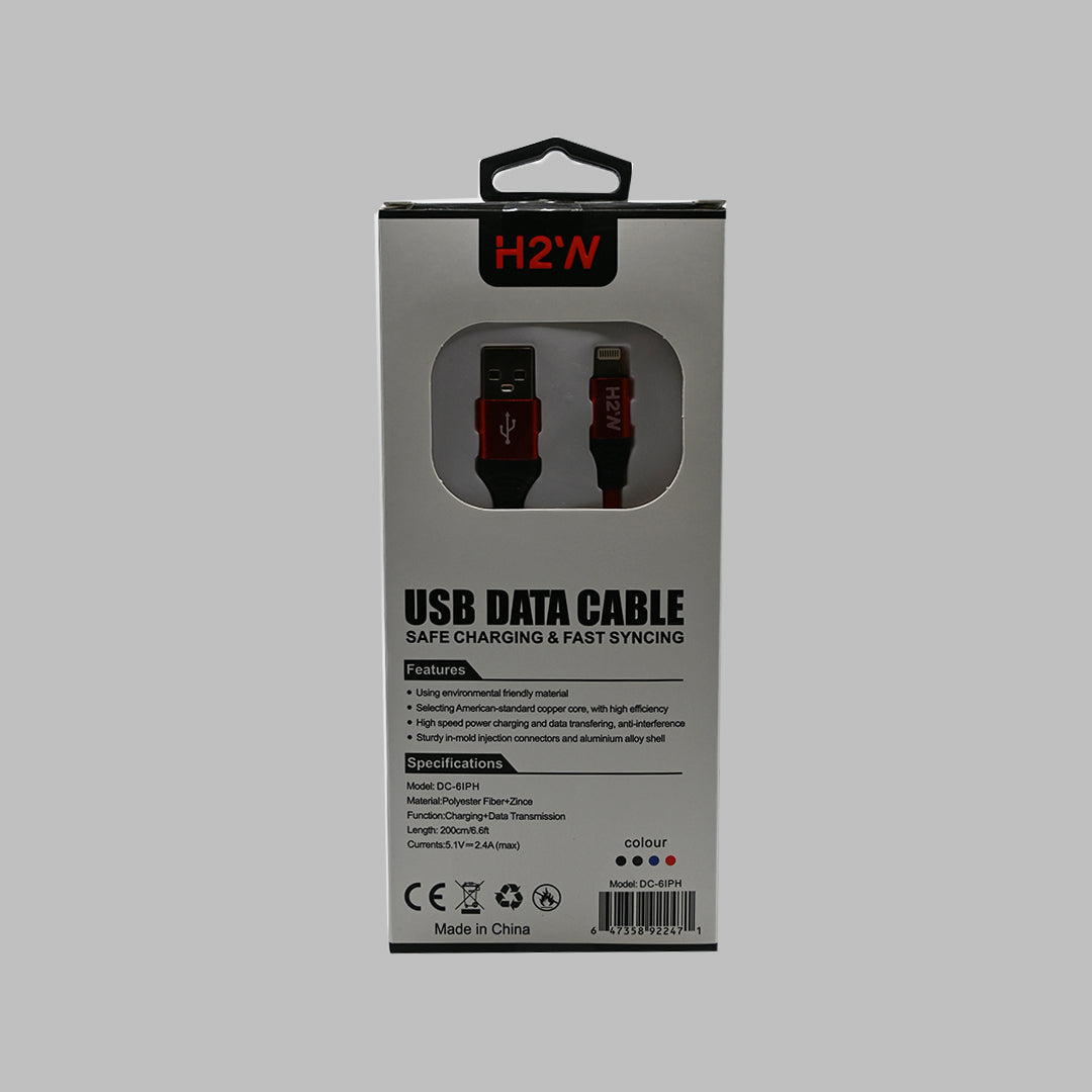 H2’N DC-6IPH USB-A to Lightning cable with red connectors visible through packaging
