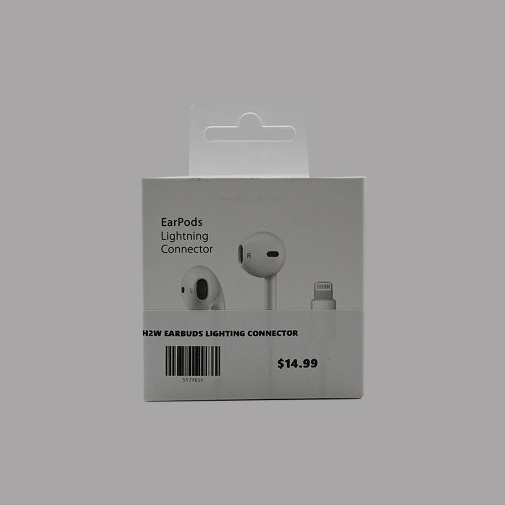 H2W white wired earbuds with Lightning connector, front packaging