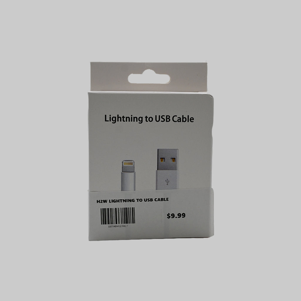 H2W white USB-A to Lightning cable front packaging