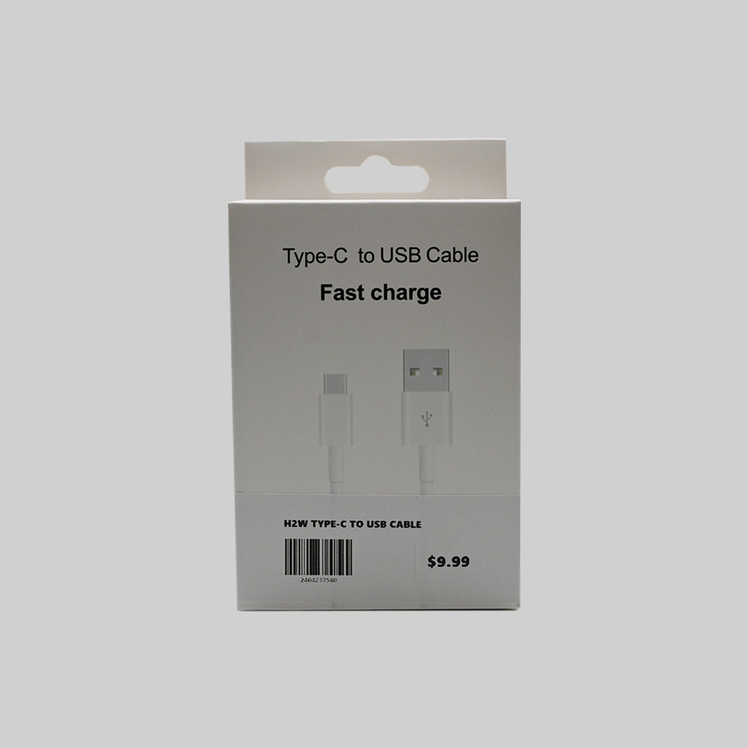 H2W white USB-A to USB-C charging cable retail box front