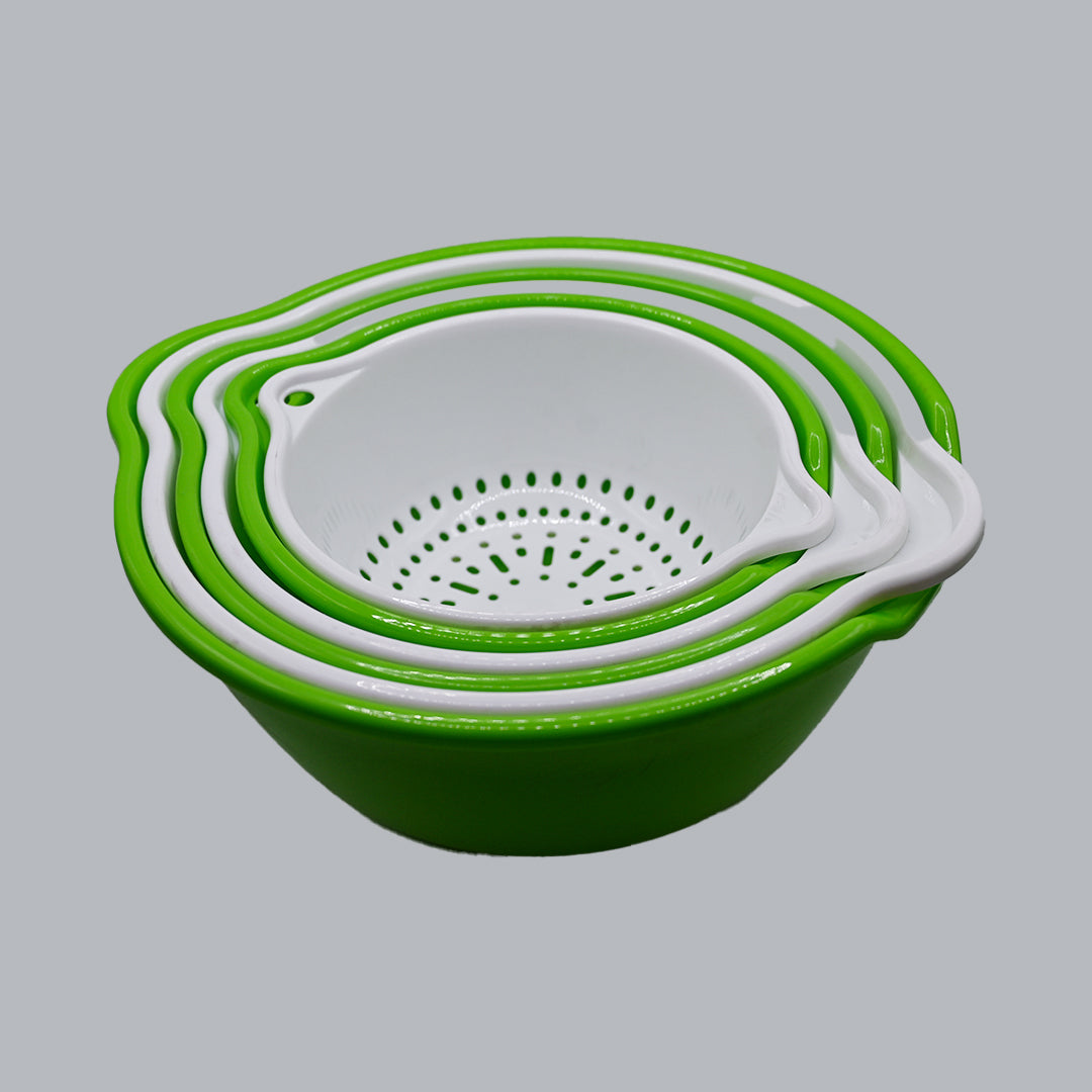 Bright green and white six-piece nesting colander and mixing bowl set
