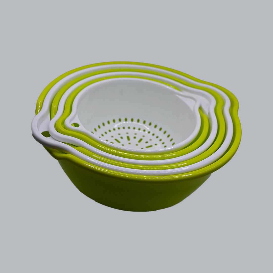 Green and white six-piece nesting colander and mixing bowl set