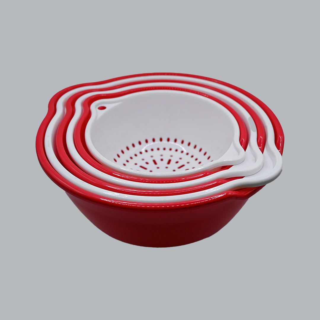 Red and white six-piece nesting colander and mixing bowl set