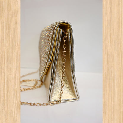 Women's Gold Rhinestone Evening Clutch Bag – Chain Shoulder Purse