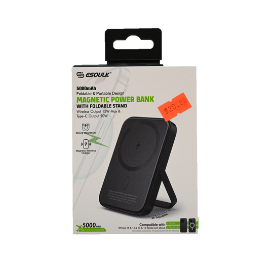 ESOUK 5000mAh Magnetic Wireless Power Bank with Foldable Stand – 15W Wireless / 20W USB-C