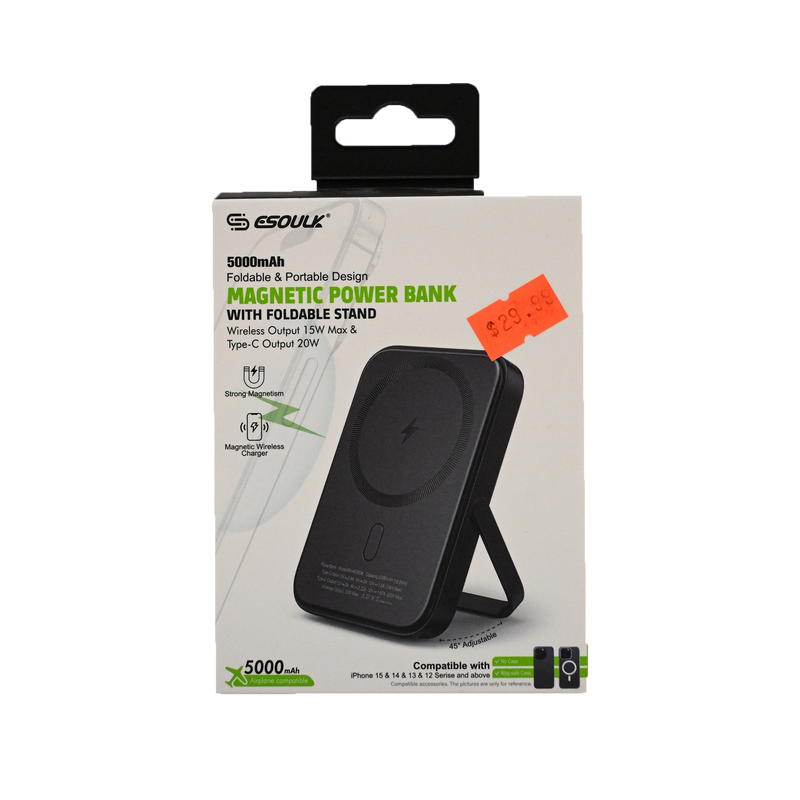 ESOUK 5000mAh Magnetic Wireless Power Bank with Foldable Stand – 15W Wireless / 20W USB-C