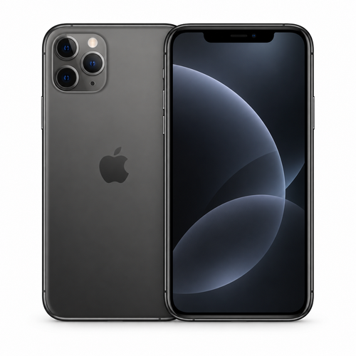 Apple iPhone 11 Pro Max in Space Gray, representative front and rear views