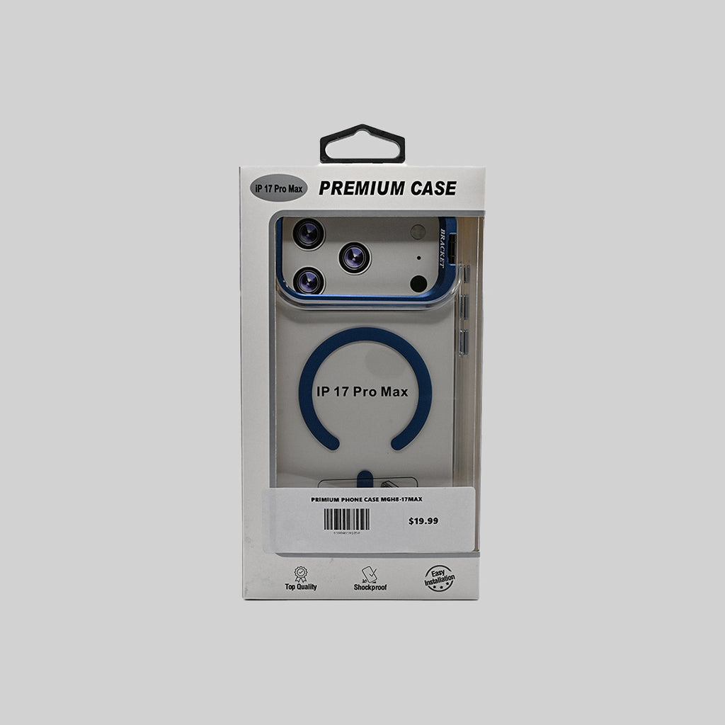 Blue and clear iPhone 17 Pro Max case packaging front