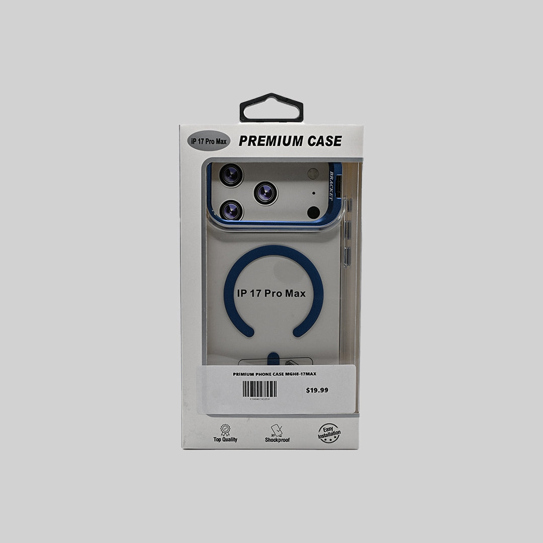 Blue and clear iPhone 17 Pro Max case packaging front