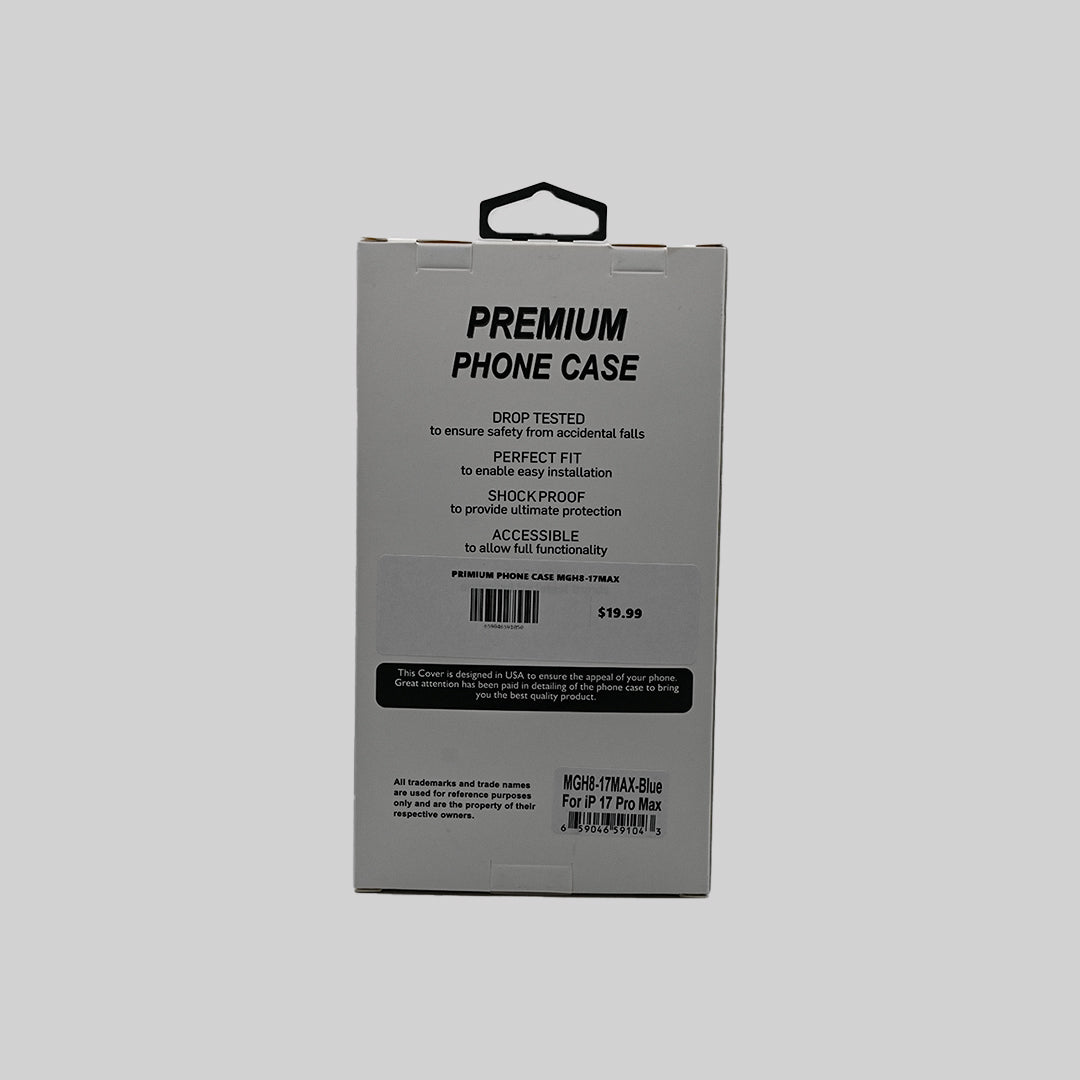Blue and clear iPhone 17 Pro Max case packaging back