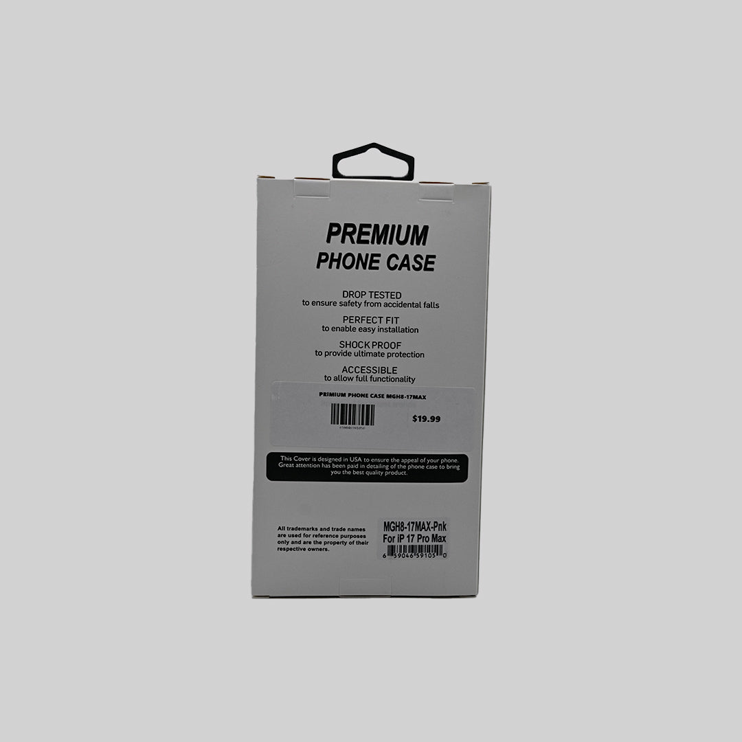 Pink and clear iPhone 17 Pro Max case packaging back