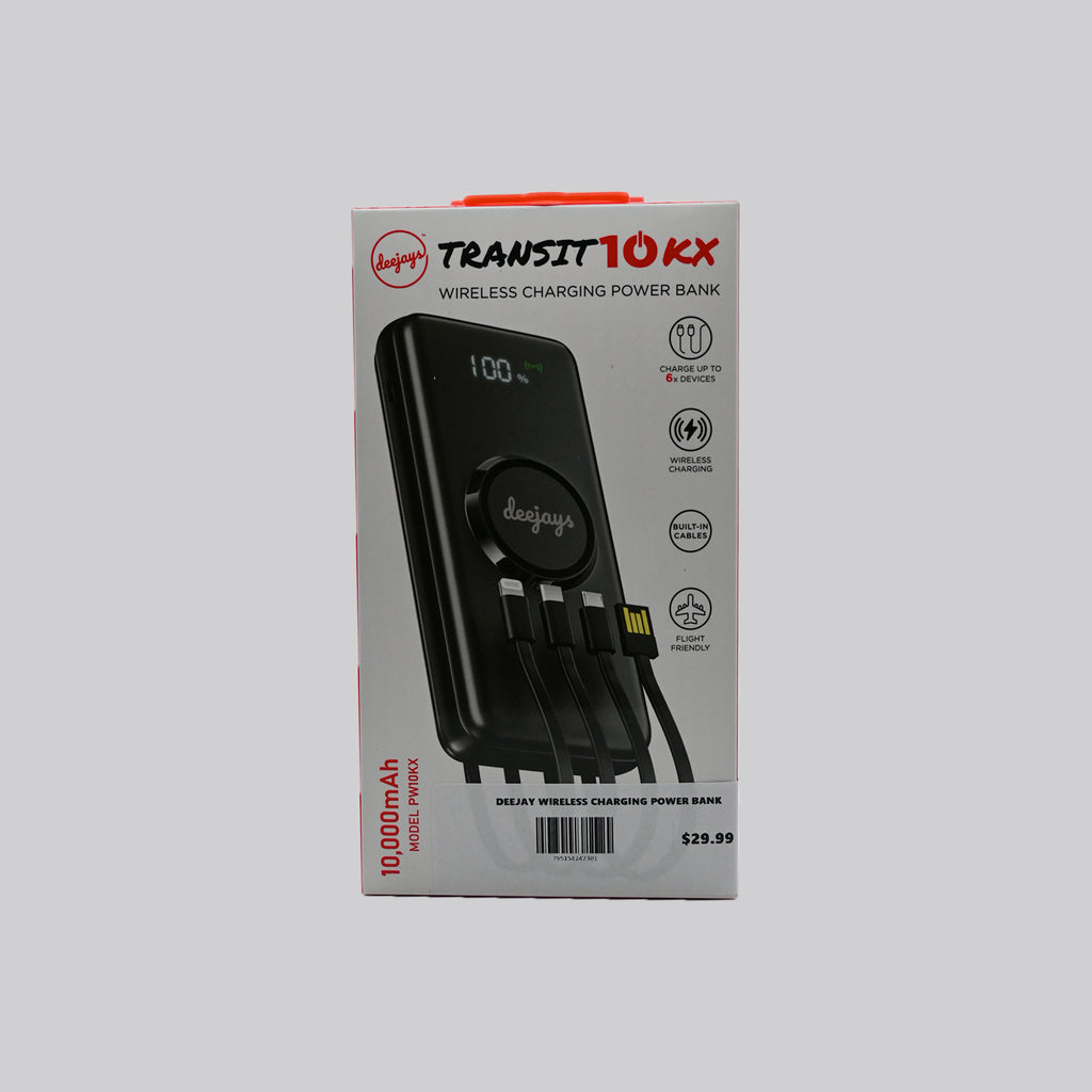 Deejays Transit 10KX 10,000mAh Wireless Charging Power Bank with Built-In Cables