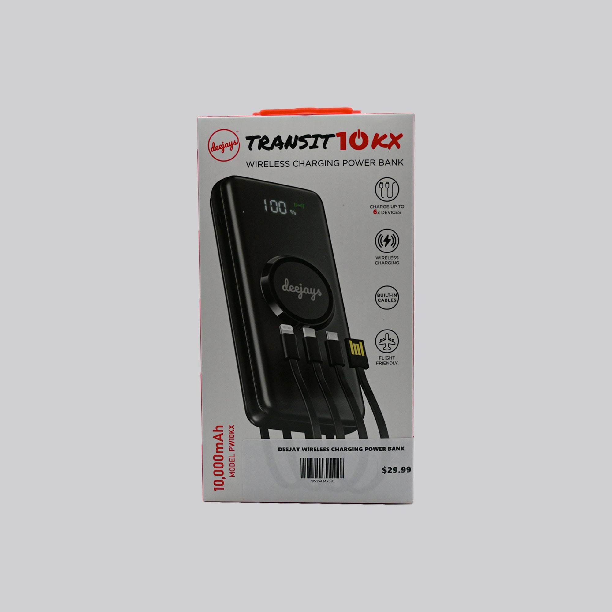 Deejays Transit 10KX 10,000mAh Wireless Charging Power Bank with Built-In Cables