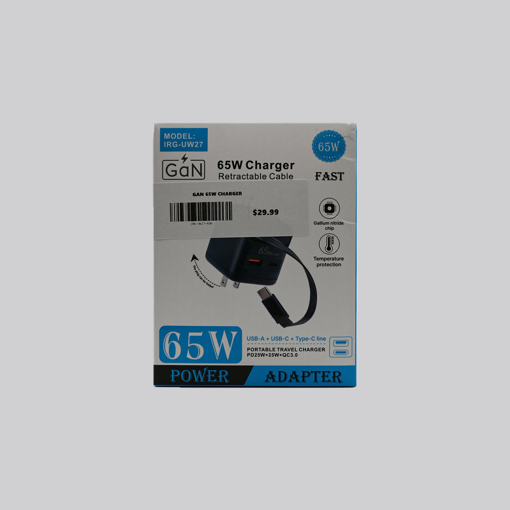 65W GaN Fast Charger with Retractable USB-C Cable – USB-C & USB-A