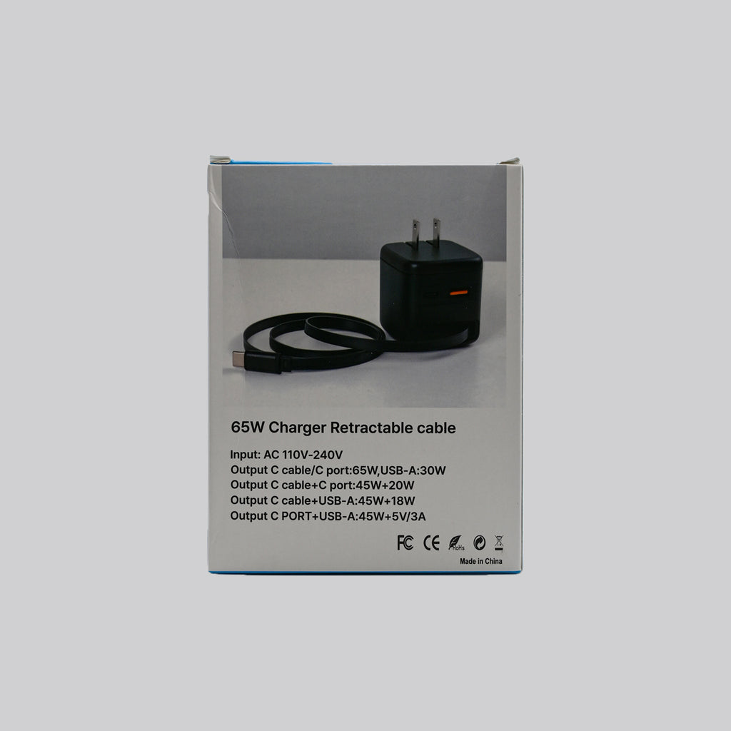 65W GaN Fast Charger with Retractable USB-C Cable – USB-C & USB-A