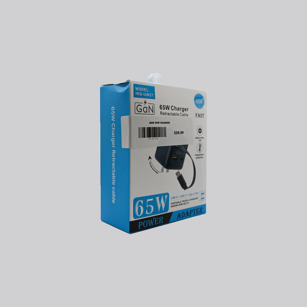 65W GaN Fast Charger with Retractable USB-C Cable – USB-C & USB-A
