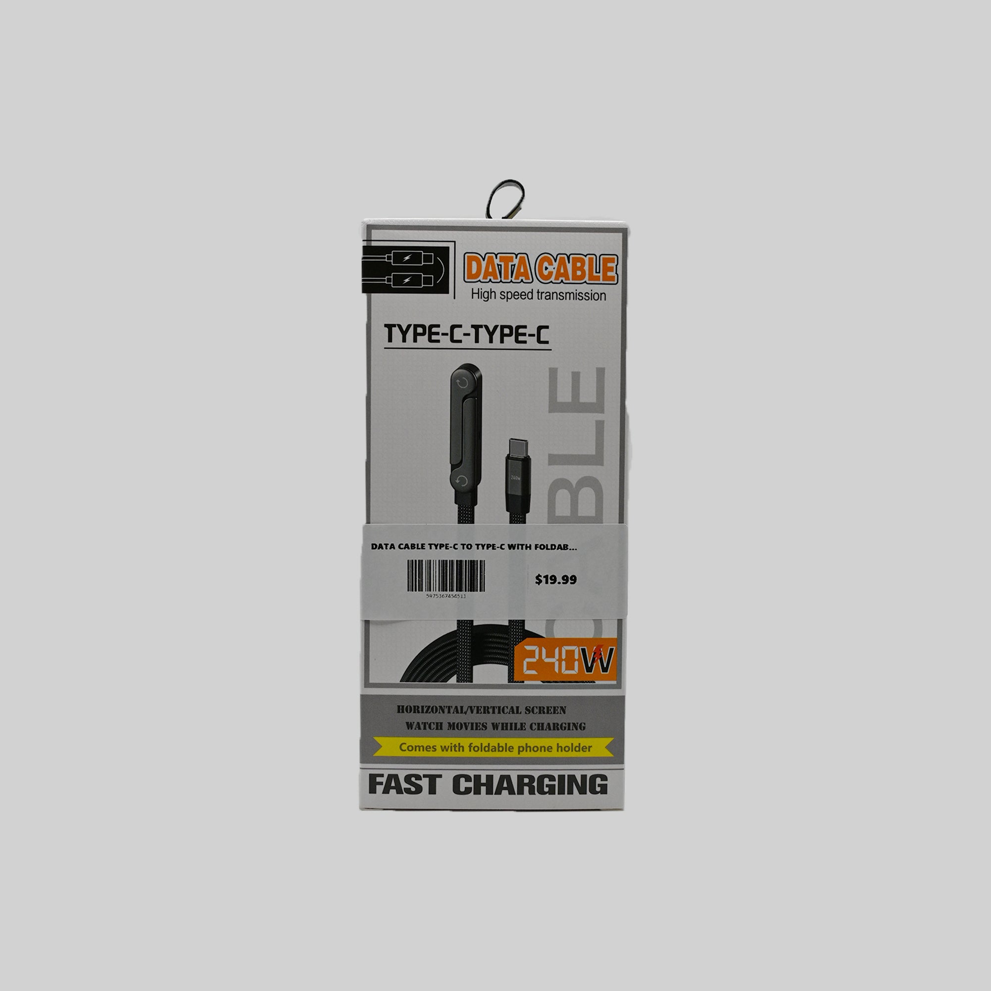 240W USB-C to USB-C Fast Charging Cable with Foldable Phone Holder