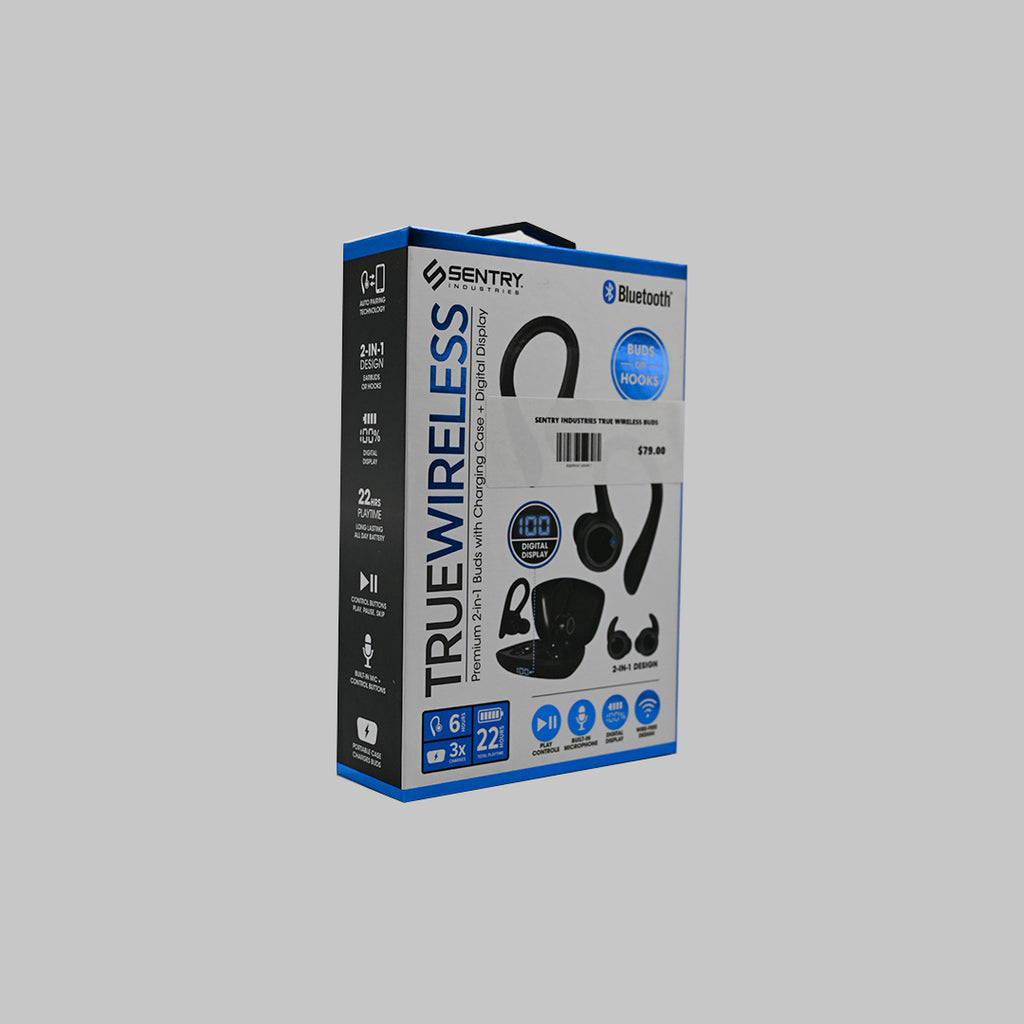Sentry 2-in-1 true wireless earbuds with charging case — angled front packaging view