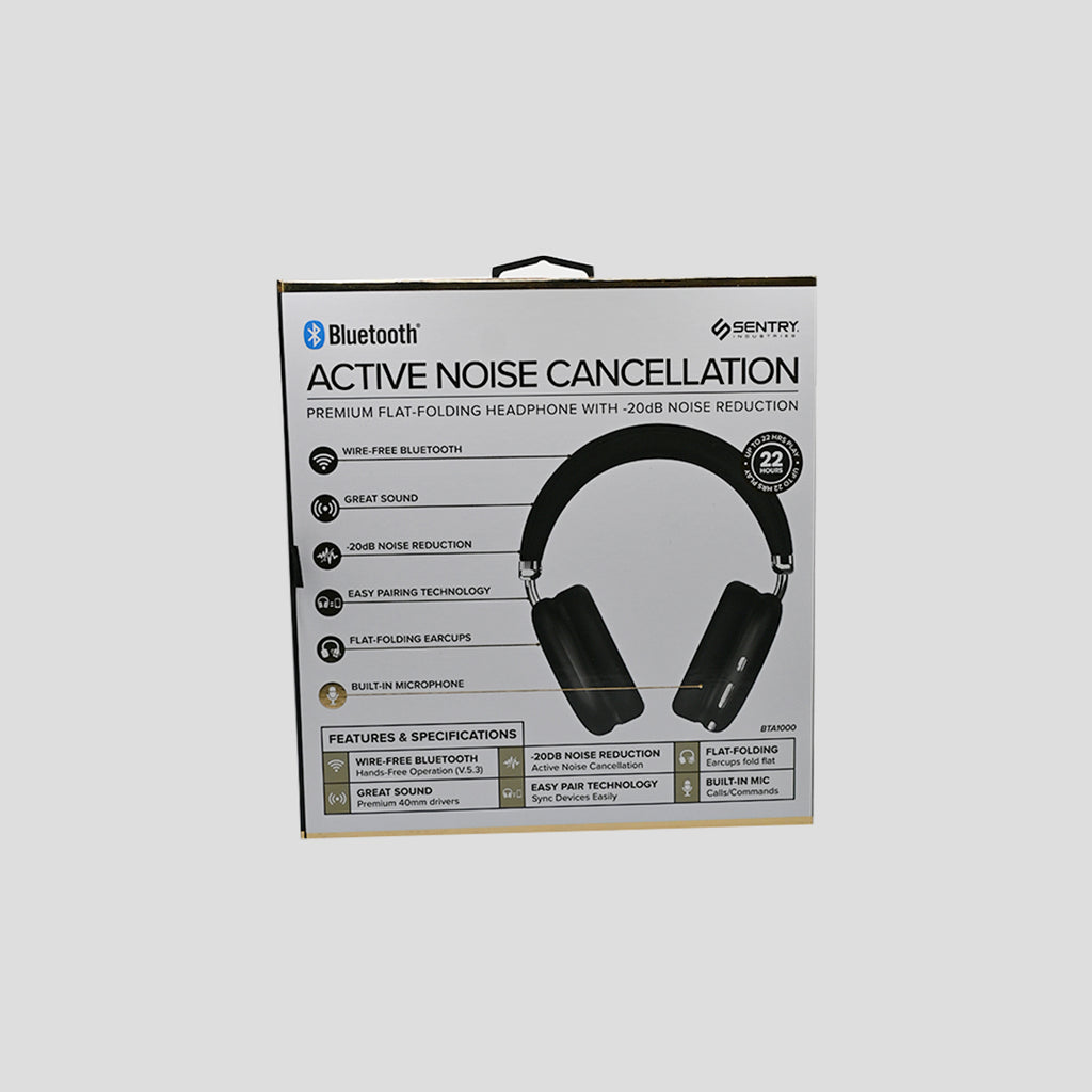 Sentry BTA1000 black and silver headphones back specifications packaging