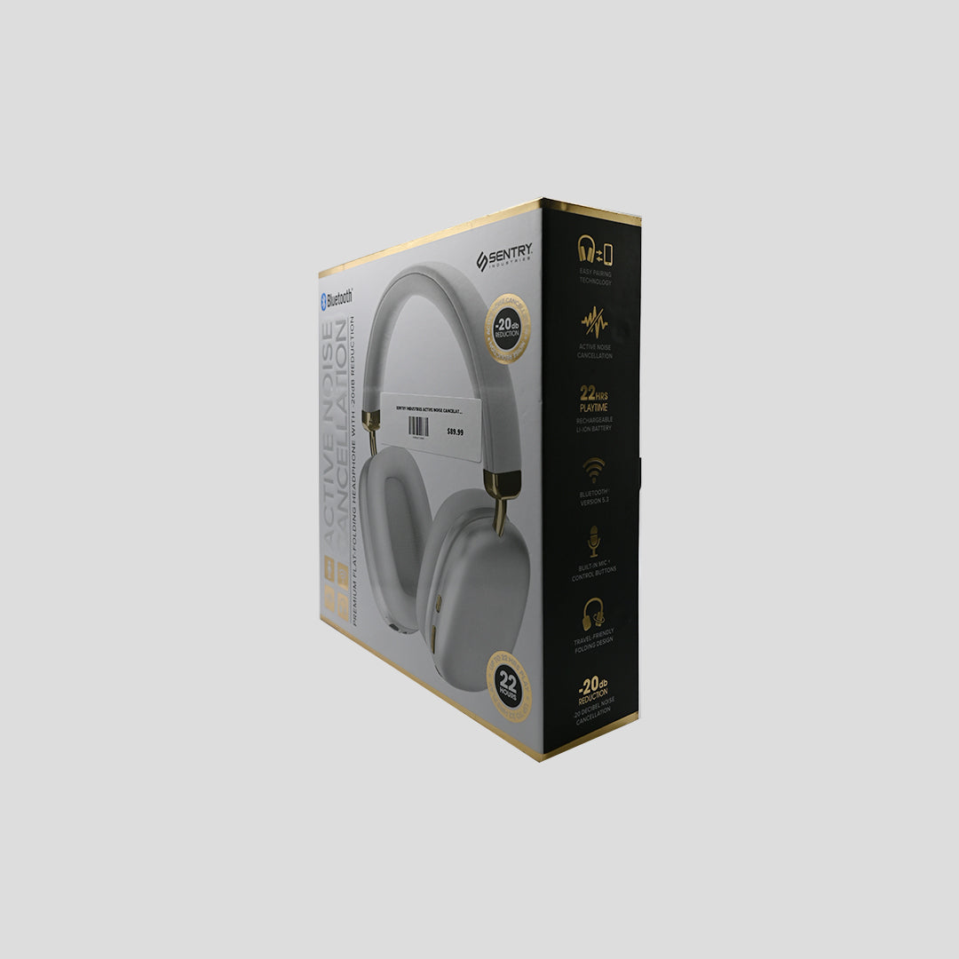 Sentry white and gold flat-folding ANC headphones packaging side view