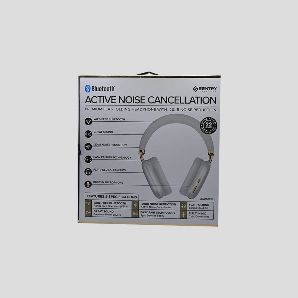 Sentry white and gold flat-folding ANC headphones packaging back specifications