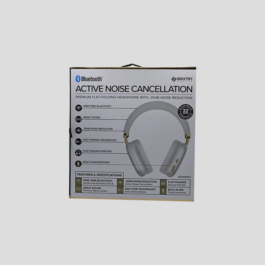 Sentry white and gold flat-folding ANC headphones packaging back specifications